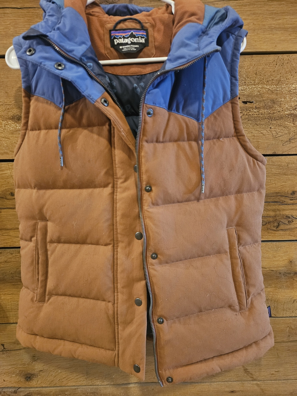 Patagonia Brown and Blue Quilted Hooded Puffer Vest